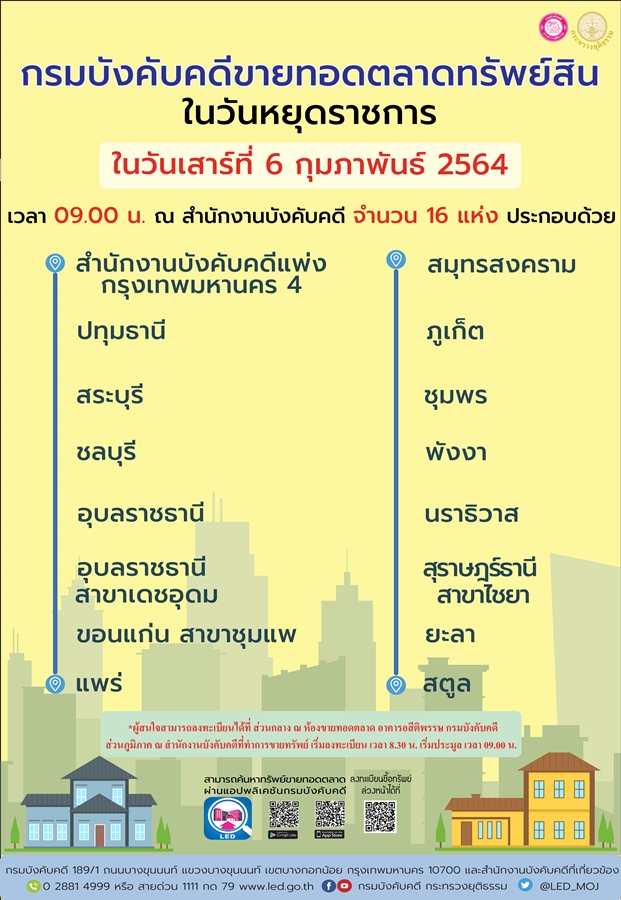﻿กรมบังคับคดีจัดการขายทอดตลาดในวันหยุดราชการ วันเสาร์ที่ 6 กุมภาพันธ์ 2564